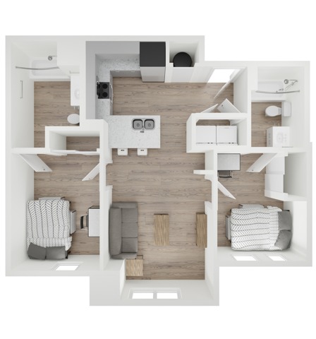 A 3D image of the 2BR/2BA – B1 floorplan, a 832 squarefoot, 2 bed / 2 bath unit