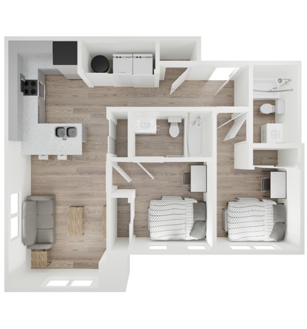 A 3D image of the 2BR/2BA – B3 floorplan, a 846 squarefoot, 2 bed / 2 bath unit
