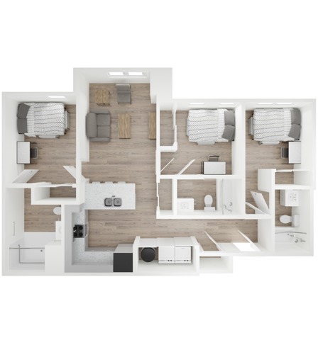 A 3D image of the 3BR/3BA floorplan, a 1111 squarefoot, 3 bed / 3 bath unit