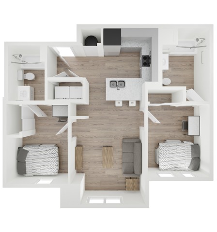 A 3D image of the 2BR/2BA – B2 floorplan, a 832 squarefoot, 2 bed / 2 bath unit
