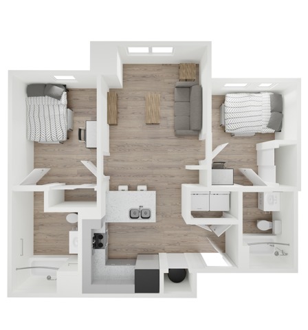 A 3D image of the 2BR/2BA – B4 floorplan, a 843 squarefoot, 2 bed / 2 bath unit