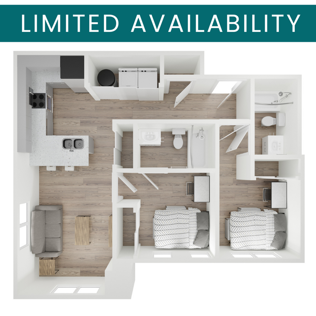 A 3D image of the 2BR/2BA – B3 floorplan, a 846 squarefoot, 2 bed / 2 bath unit