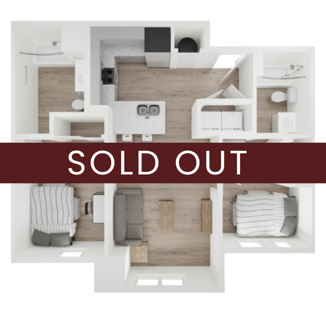 A 3D image of the 2BR/2BA – B1 floorplan, a 832 squarefoot, 2 bed / 2 bath unit