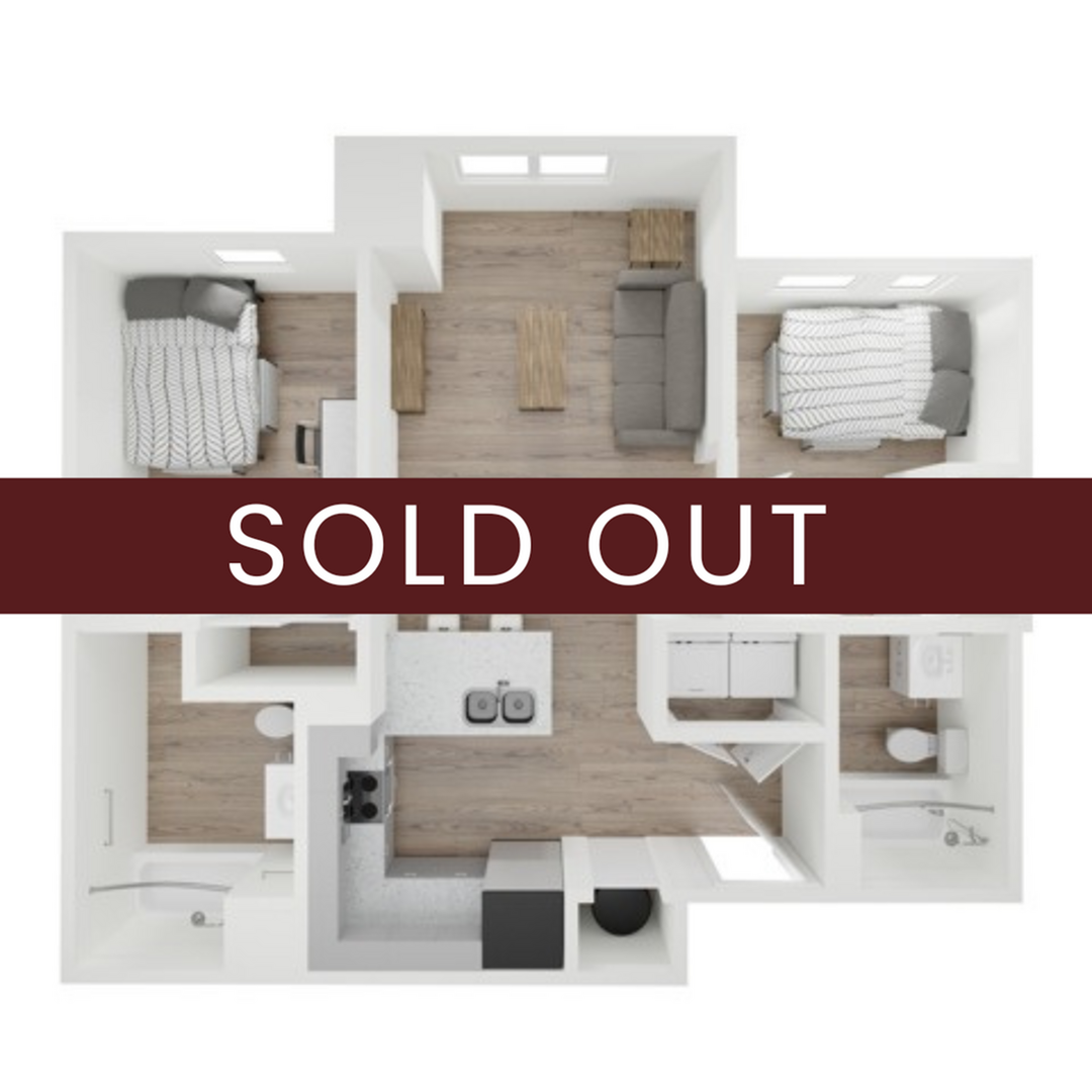 A 3D image of the 2BR/2BA – B3 floorplan, a 846 squarefoot, 2 bed / 2 bath unit