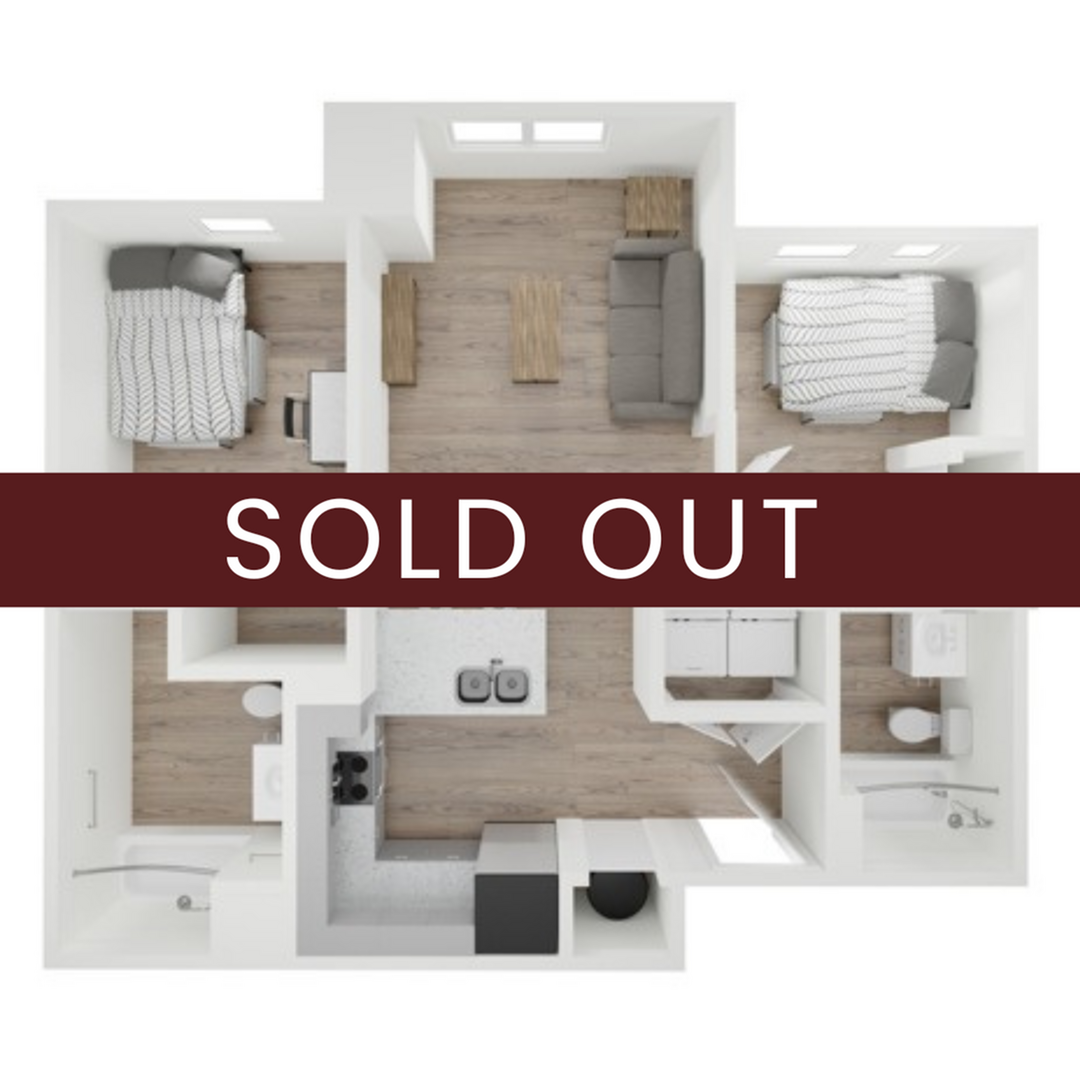 A 3D image of the 2BR/2BA – B4 floorplan, a 843 squarefoot, 2 bed / 2 bath unit