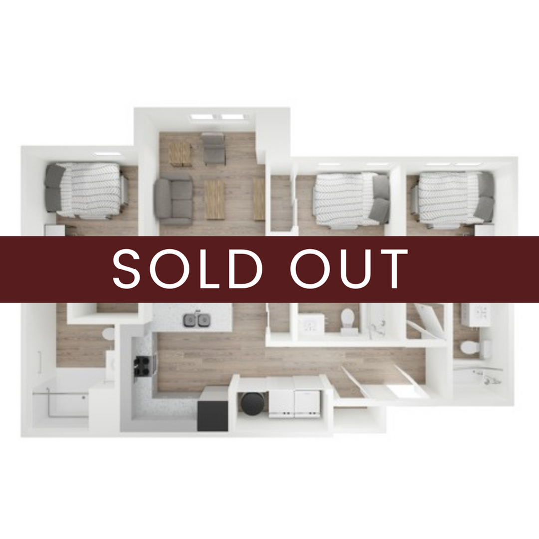 A 3D image of the 3BR/3BA floorplan, a 1111 squarefoot, 3 bed / 3 bath unit