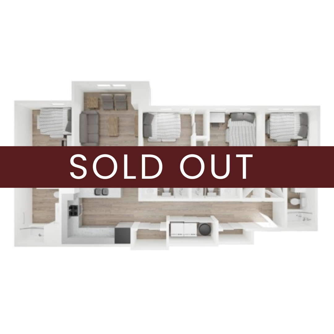 A 3D image of the 4BR/4BA – D1 floorplan, a 1347 squarefoot, 4 bed / 4 bath unit