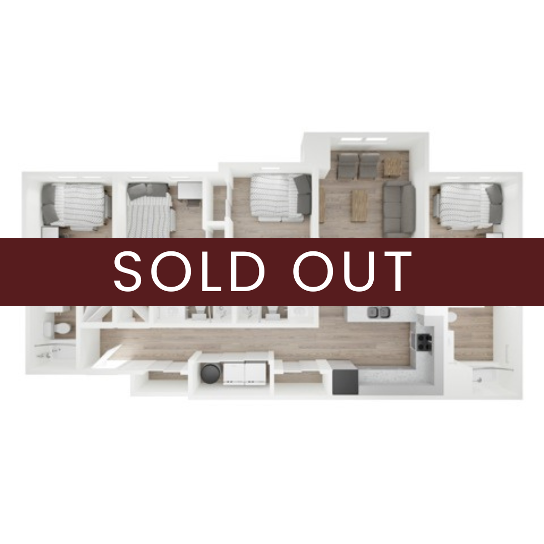 A 3D image of the 4BR/4BA – D2 floorplan, a 1345 squarefoot, 4 bed / 4 bath unit
