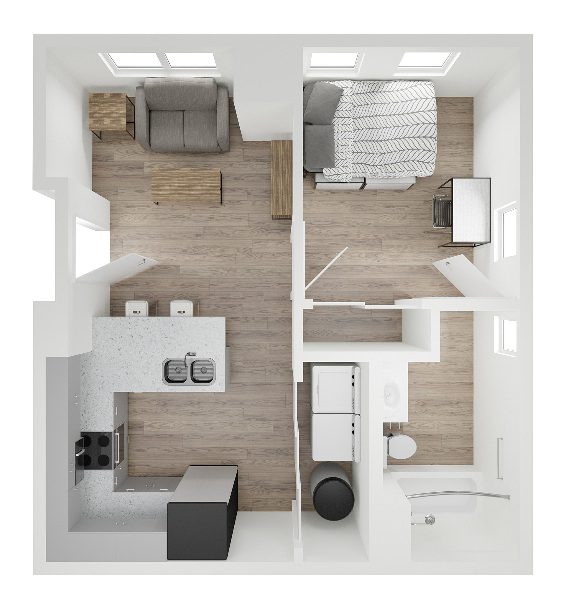 A 3D image of the 1BR/1BA – A1 floorplan, a 547 squarefoot, 1 bed / 1 bath unit