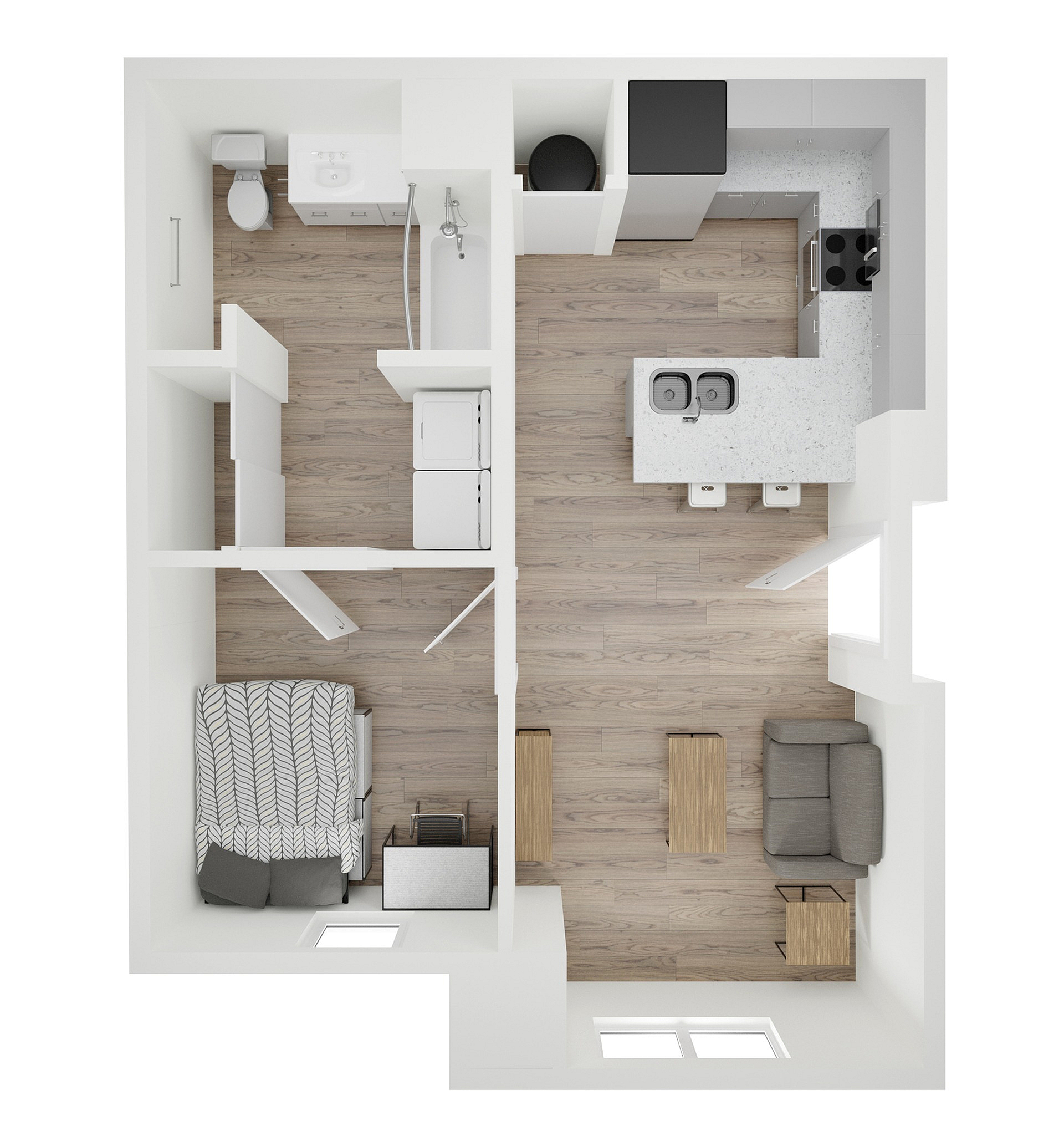 A 3D image of the 1BR/1BA – A2 floorplan, a 614 squarefoot, 1 bed / 1 bath unit