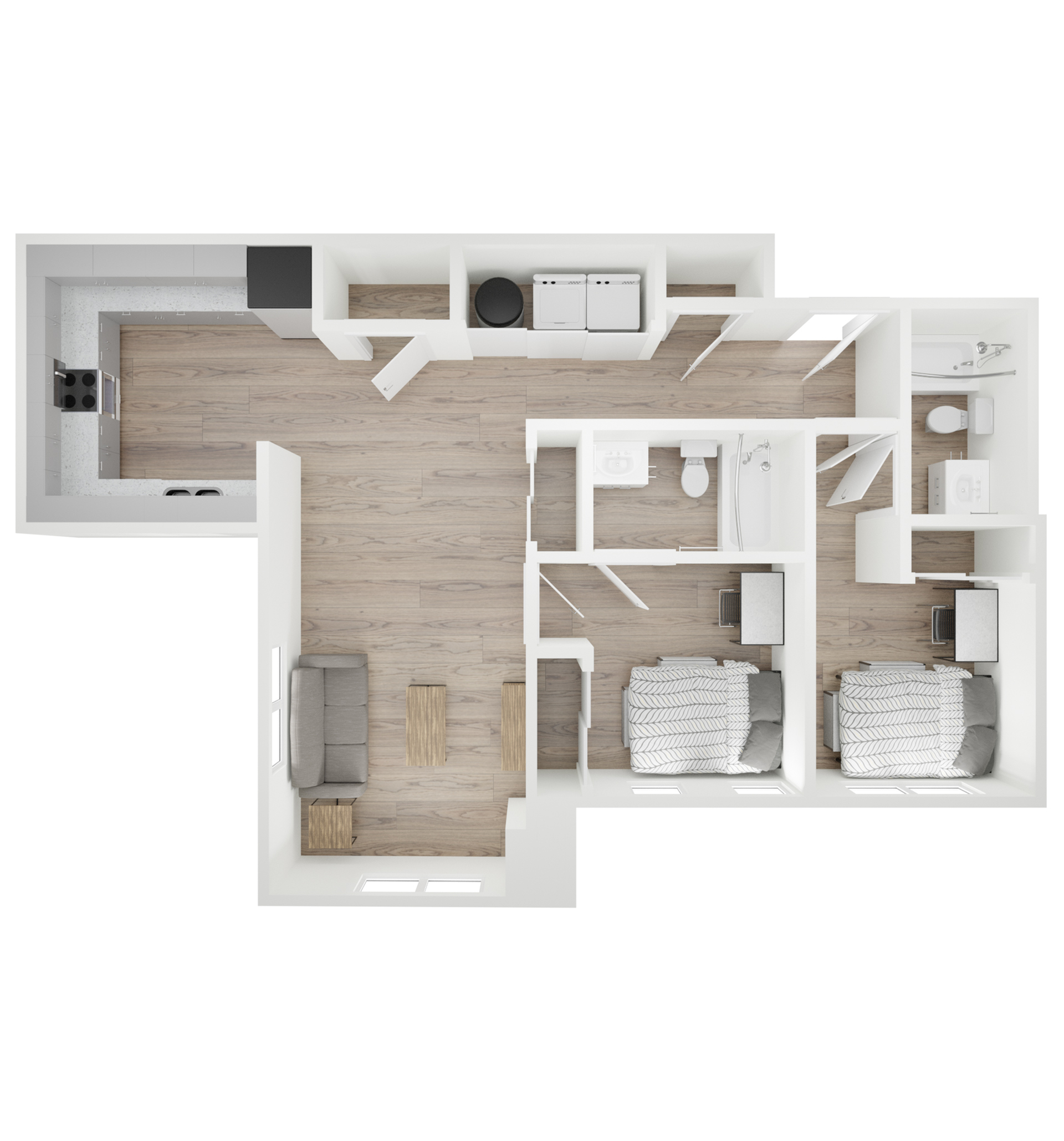 A 3D image of the 2BR/2BA – B5 floorplan, a 938 squarefoot, 2 bed / 2 bath unit