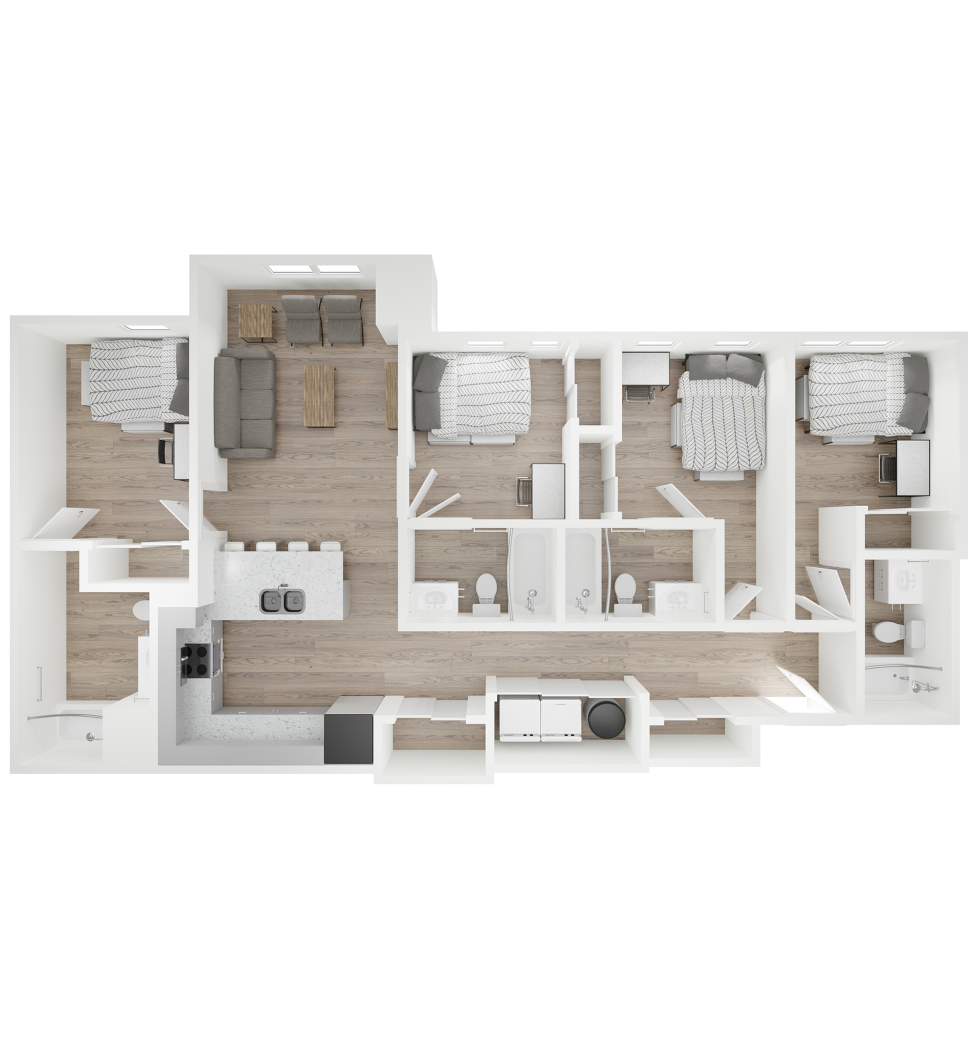 A 3D image of the 4BR/4BA – D1 floorplan, a 1347 squarefoot, 4 bed / 4 bath unit